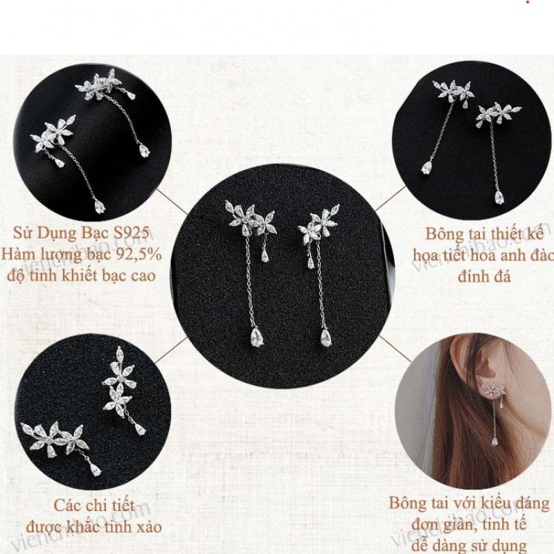 Bông tai bạc hoa anh đào đính đá